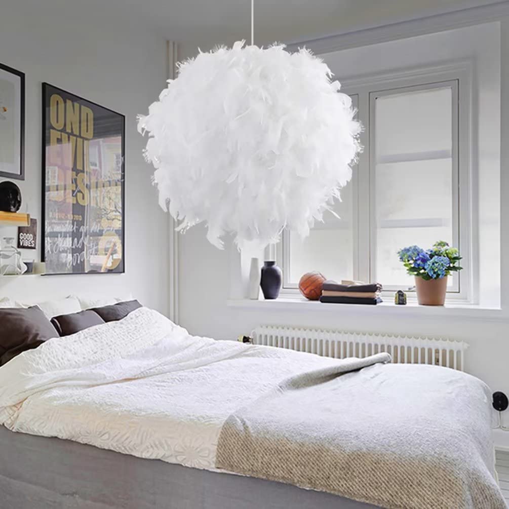 Lámpara colgante de plumas blancas esféricas de 40 cm/15,9 pulgadas, pantalla de plumas, lámpara de techo, lámpara de plumas para sala de estar, dormitorio, comedor