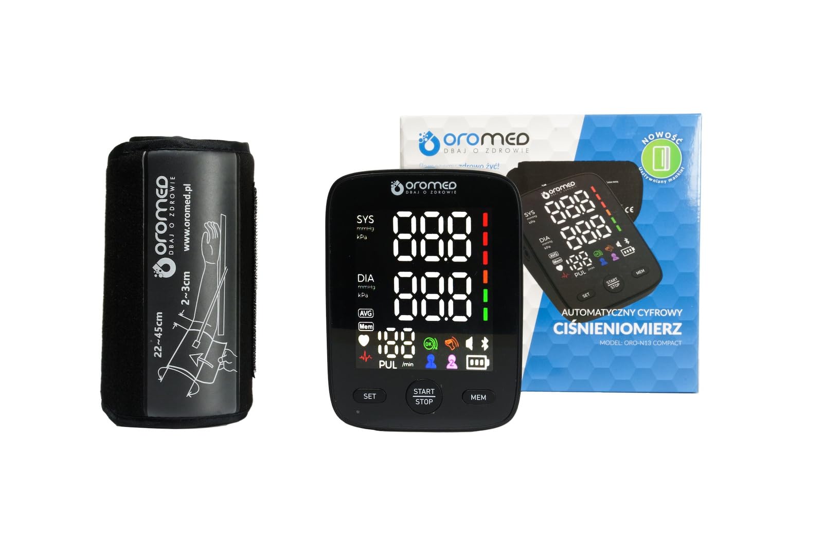 Oromed ORO-N13 - Tensiómetro digital de brazo compacto con pantalla LED, detección de arritmias, 2 x 120 ranuras de memoria, USB y batería, apagado automático