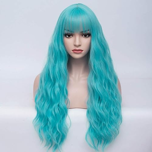 Miniatura 2 de BERON Peluca azul claro de 27 pulgadas, peluca larga y rizada azul con flequillo, peluca azul cielo para mujer, peluca sintética ondulada resistente