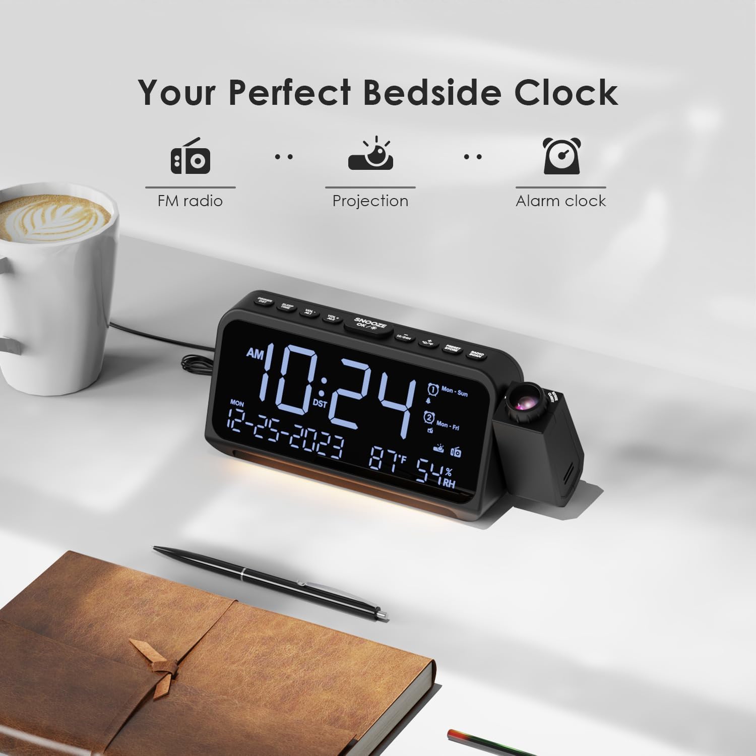 ROCAM CR1024 Projection Alarm Clock Radio on a bedside table