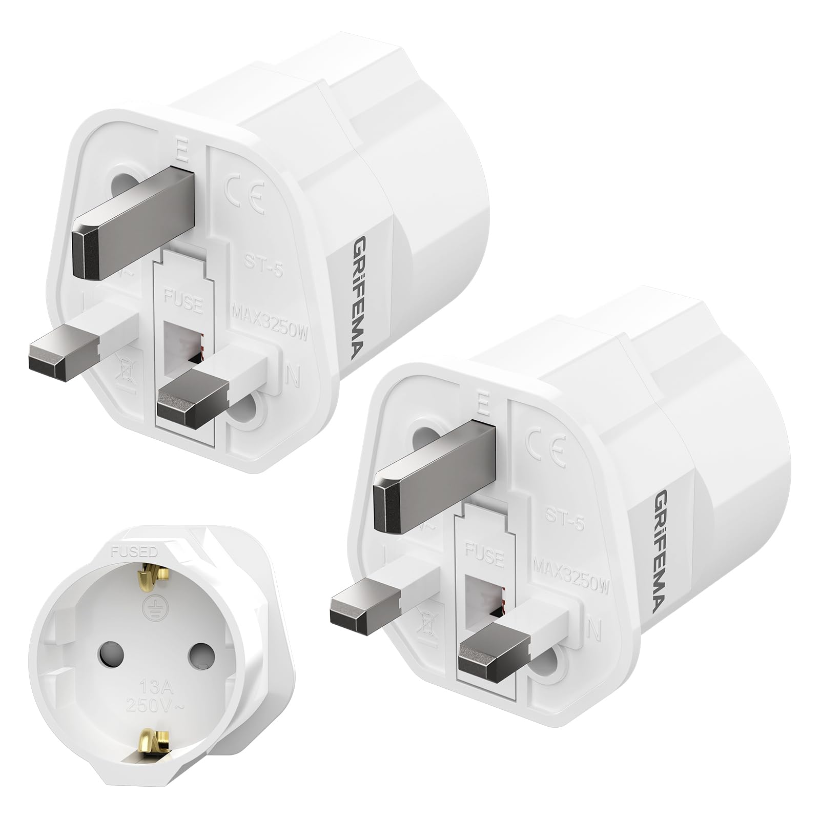 GRIFEMA Adaptateur Prise Anglaise avec Fusible 13A, Adaptateur Voyage France vers UK Type G pour Londres Angleterre Irlande Dubaï, Convertisseur Prise 2 Broches Europe vers 3 Broches UK, Lot de 2
