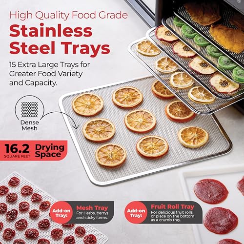 Magic Mill Premium Food Dehydrator Machine (15 Extra-Large Stainless Steel Trays) 800W Dryer for Beef Jerky, Fruits, Vegetables, Dog Treats, 48 Hour Digital Timer - 95°-167° Temperature Control