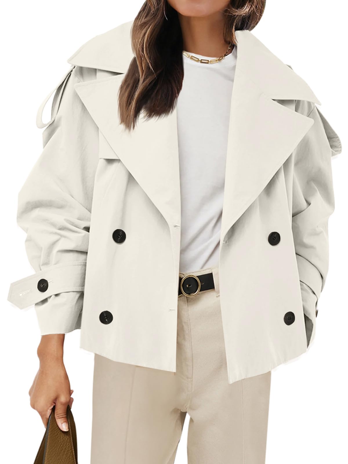 Tankaneo Womens Cropped Trench Double Breasted Short Jacket with Belt