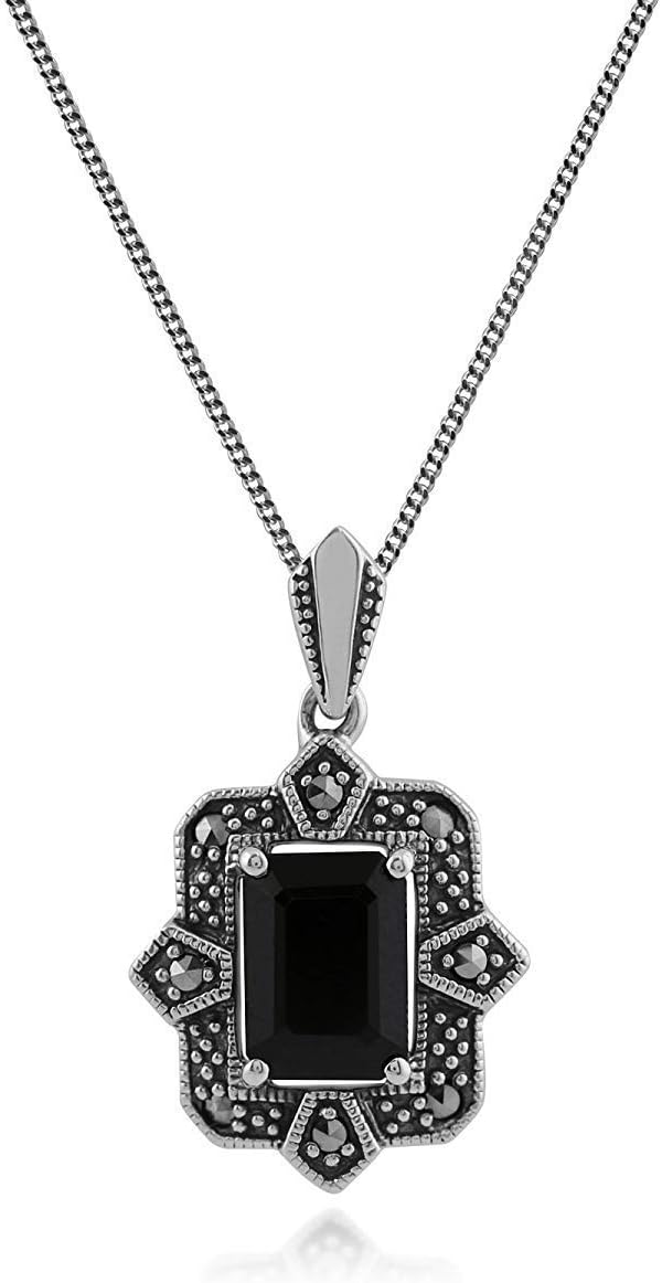 Gemondo USA Silver 925 Rectangular Black Spinel & Marcasite Pendant with 45cm Cable Chain Necklace