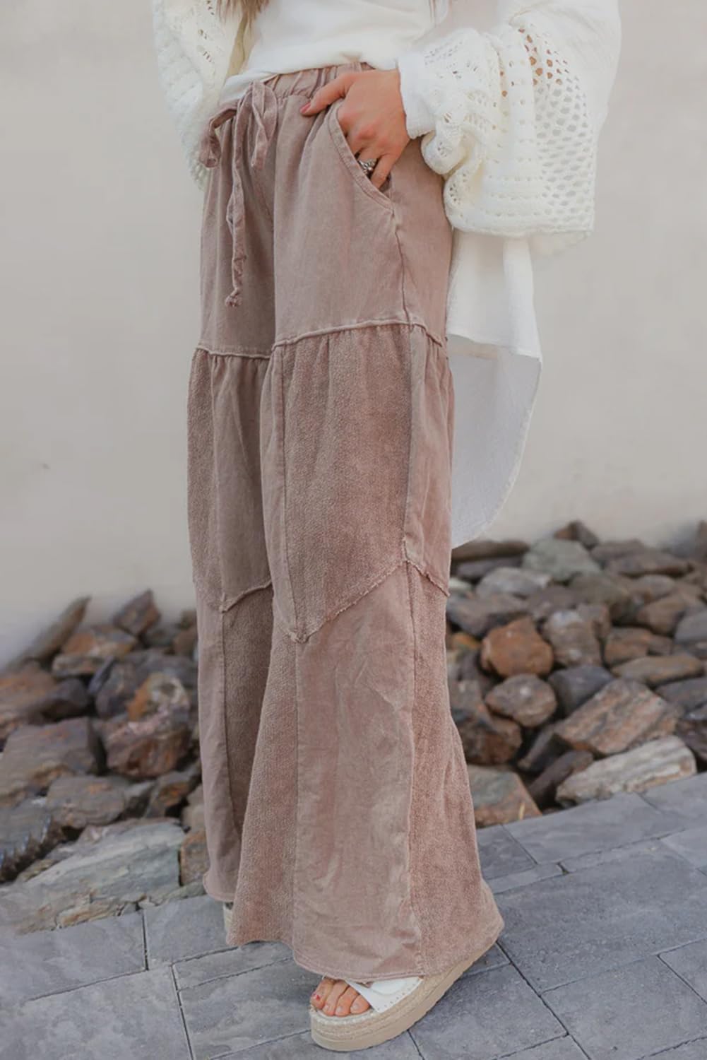 SELINK Casual Pants for Women Mineral Wash Lace-up Elastic High Waist Raw Hem Patched Pocket Solid Daily Trousers - Image 2