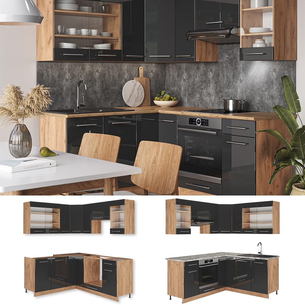 Vicco Eckküche Fame-Line, Anthrazit Hochglanz/Eiche, 190 x 160 cm | 10 Module · Höhenverstellbare Füße · Ohne Arbeitsplatte · MDF-Fronten · Softclose · Metallgriffe