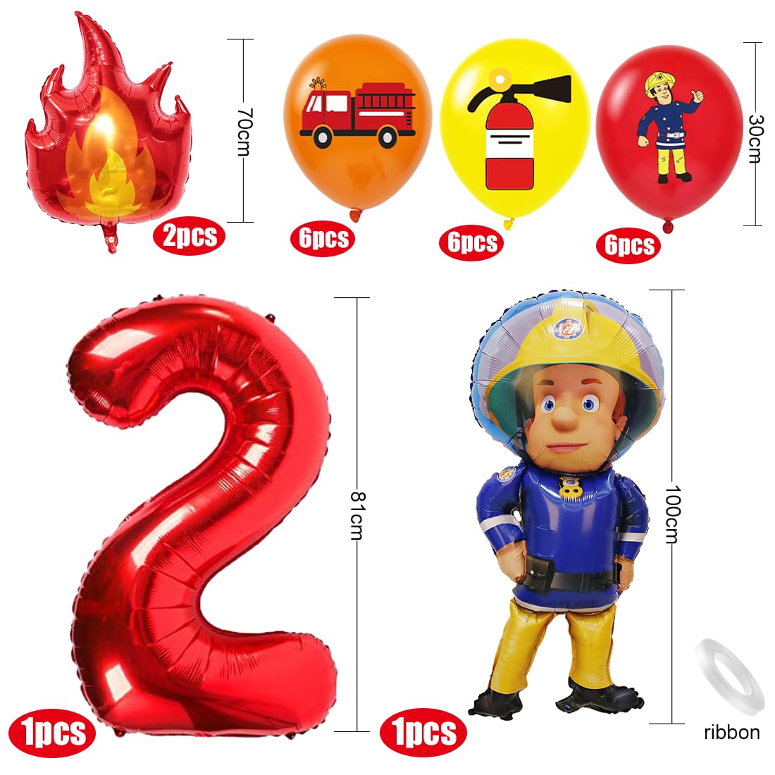 Palloncini Numero 2 E Camion Dei Pompieri Per Compleanno Bambino 2 Anni, Palloncini In Foil Per Decorazioni Torta E Festa A Tema Pompiere