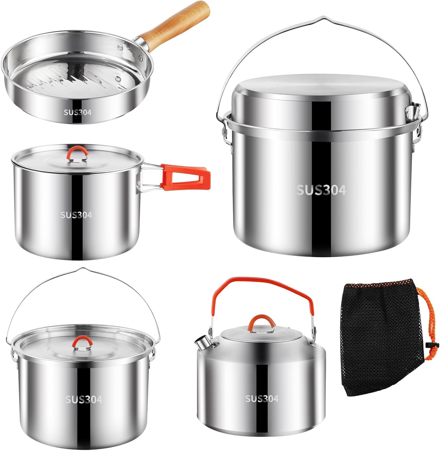 Set di pentole da campeggio, set da cucina da campeggio, in acciaio inox 304, set di pentole e padelle, durevole attrezzatura da campeggio con bollitore per escursioni, cucina all'aperto, picnic