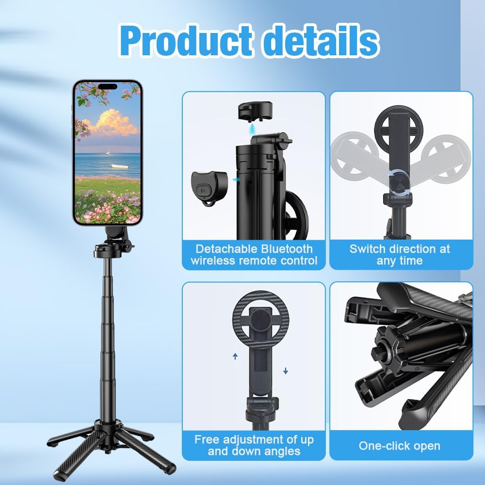 Wielofunkcyjny kijek do selfie, 4 w 1, magnetyczny kijek do selfie, z bezprzewodowym pilotem zdalnego sterowania, obrót o 360°, przenośny mini statyw do telefonu komórkowego, wysuwany, uchwyt