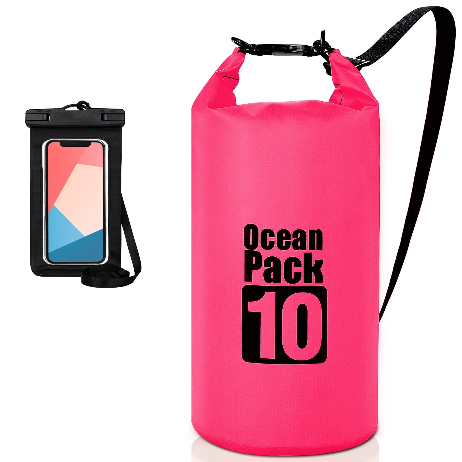 Coolzon Borsa Impermeabile-Sacca Impermeabile con Custodia Impermeabile per Cellulare, Sacca Stagna con Tracolla Regolabile per Kayak Rafting Canottaggio Campeggio Viaggiare Nuoto, 10L Rosa