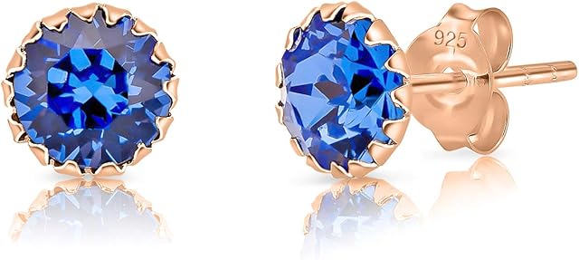 DTPsilver® 925 Sterling Silver Rose Gold Plated Round Stud Earrings - Swarovski® Elements Crystals - Diameter: 6 mm