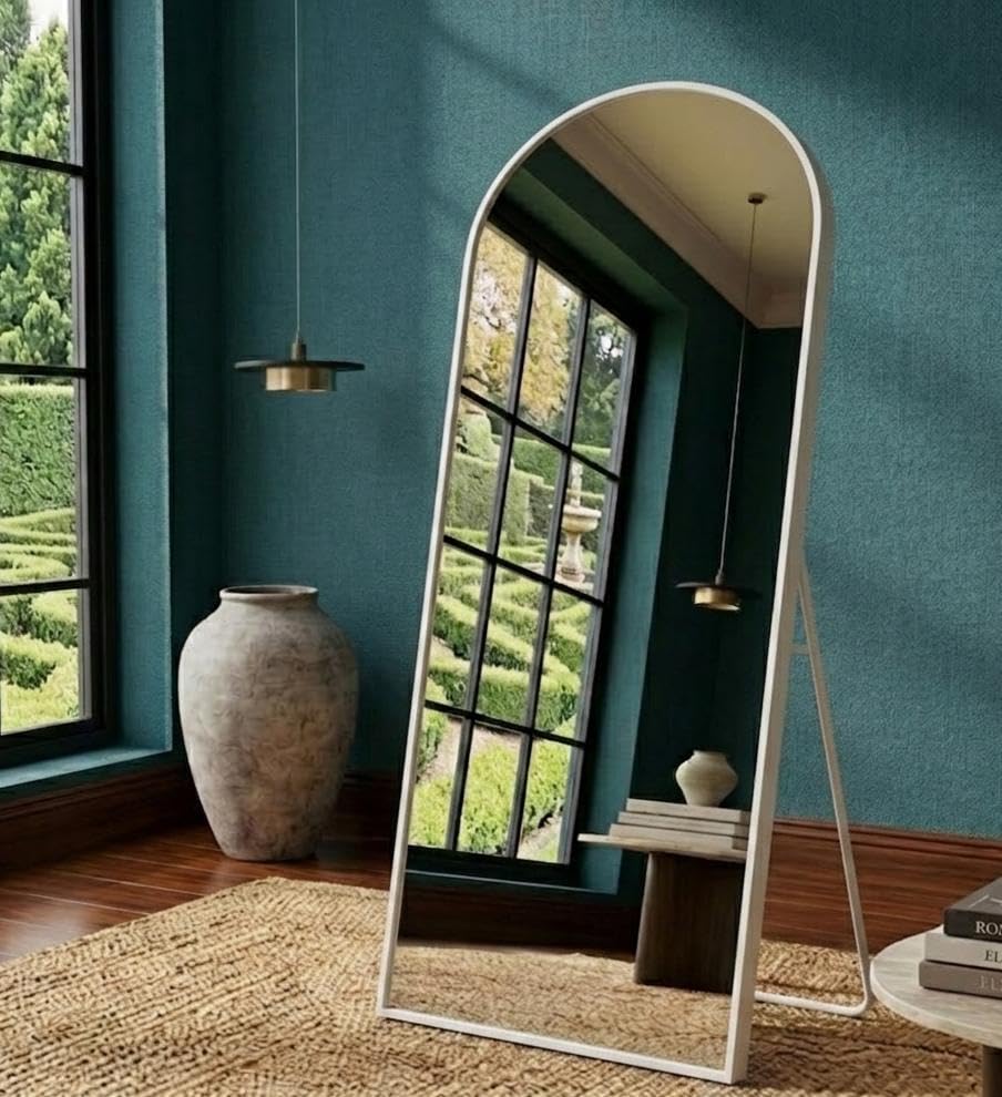 Image of Arched Full Length Floor Mirror with Black Metal Frame Freestanding with Stand for Living Room Bedroom Dressing Mirror Decorative Home Decor Full Size (1, White, Large)
