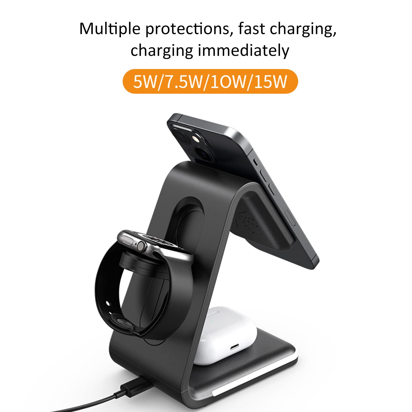Stazione di Ricarica 3 in 1, Supporto per Dock di Ricarica Wireless Veloce da 15 W, Caricabatterie Wireless Rimovibile per Dispositivi Multipli IPhone, Compatibile con I13 12 11 Pro/Pro Max, Oro