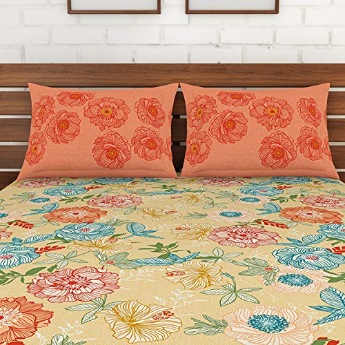 Image of Spaces Atrium Plus 210 TC 100% Cotton Queen Size Fitted Double Bedsheet with 2 Pillow Covers (Floral, 60 inch X 78 inch Inches ) - Beige