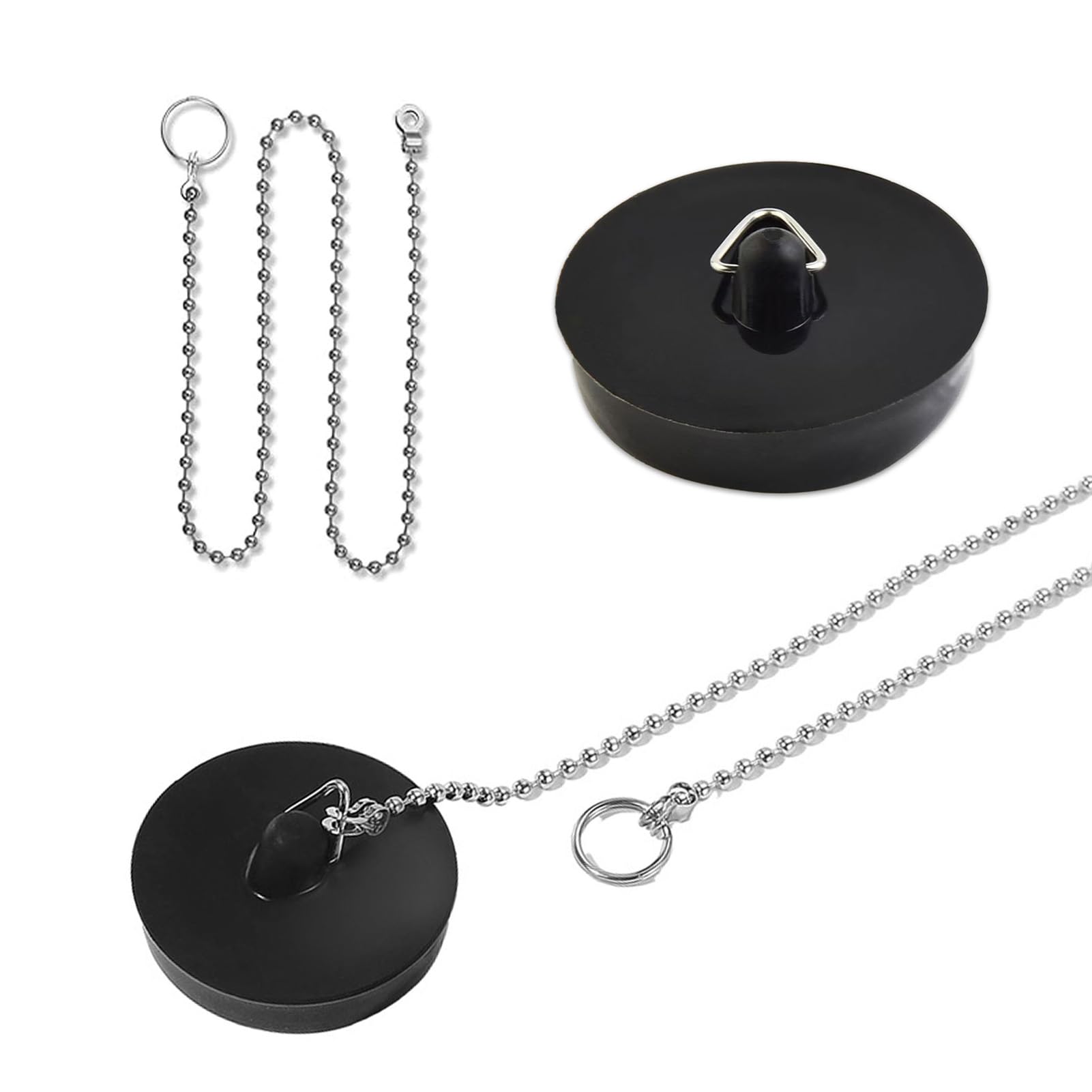 Lot De 2 Bouchons De Vidange En Caoutchouc Avec Chaîne Acier Inox - Pour Baignoire, évier (42-45,6 Mm) - Noir