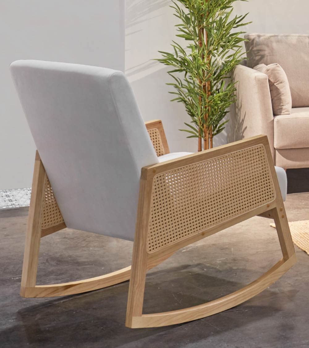 SWEET SOFA® - Butaca Mecedora de Madera y ratán Sofia, Estilo Boho Chic, tapizado Antimanchas. 96x66x82 cm. (Crema/Madera Clara)