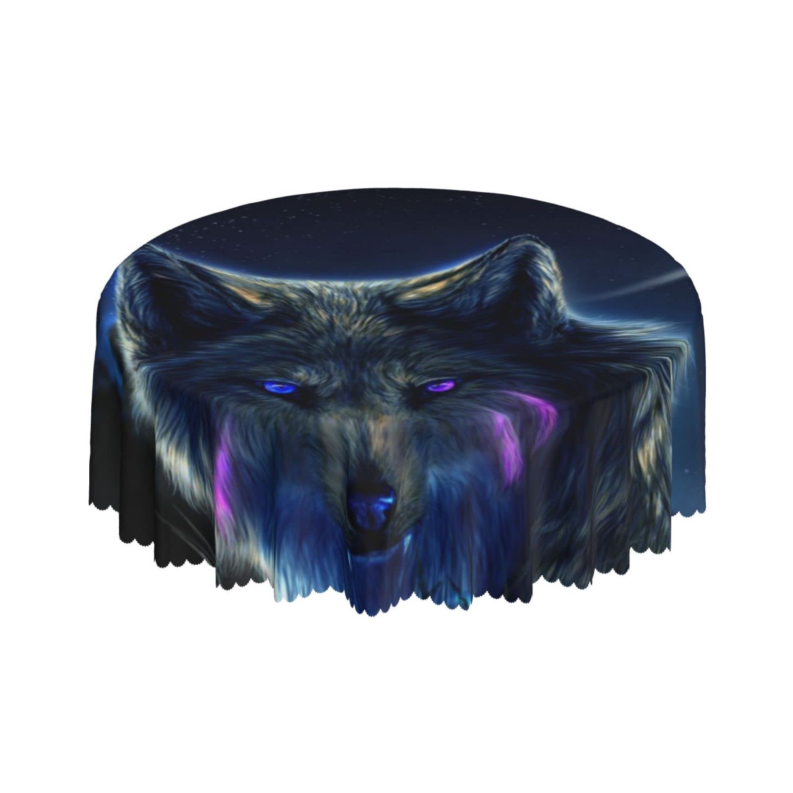 Lsjuee Wolf Neon Moon Bright Round Tablecloth 60 Inch Printed Washable Tablecloth for Dining Party Holiday Fall Home Decorative