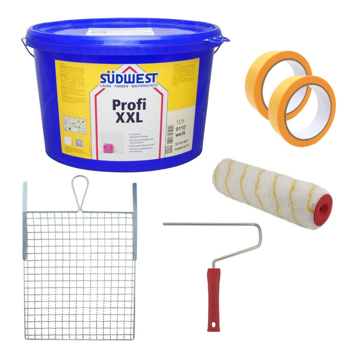 Sparset: Südwest Profi XXL 12,5 Liter + 2x Pictolor Goldband 30mm + Abstreifgitter + Walze mit Steckbügel 250mm