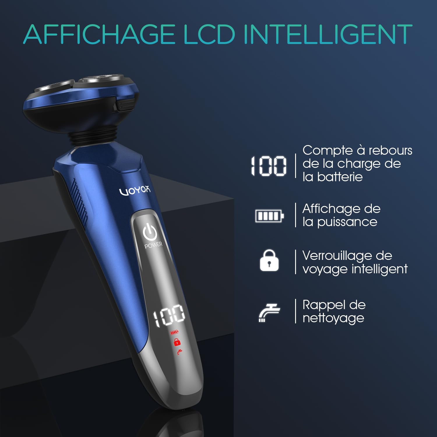 VOYOR Rasoir Électriques Hommes, Têtes Flottantes 3D Rasoir Barbe Homme | 4 Têtes Multifonctions, Rasage Sans Fil, Entièrement Étanche, LCD, Poignée Antidérapante, Verrouillage de Voyage TX410 Bleu