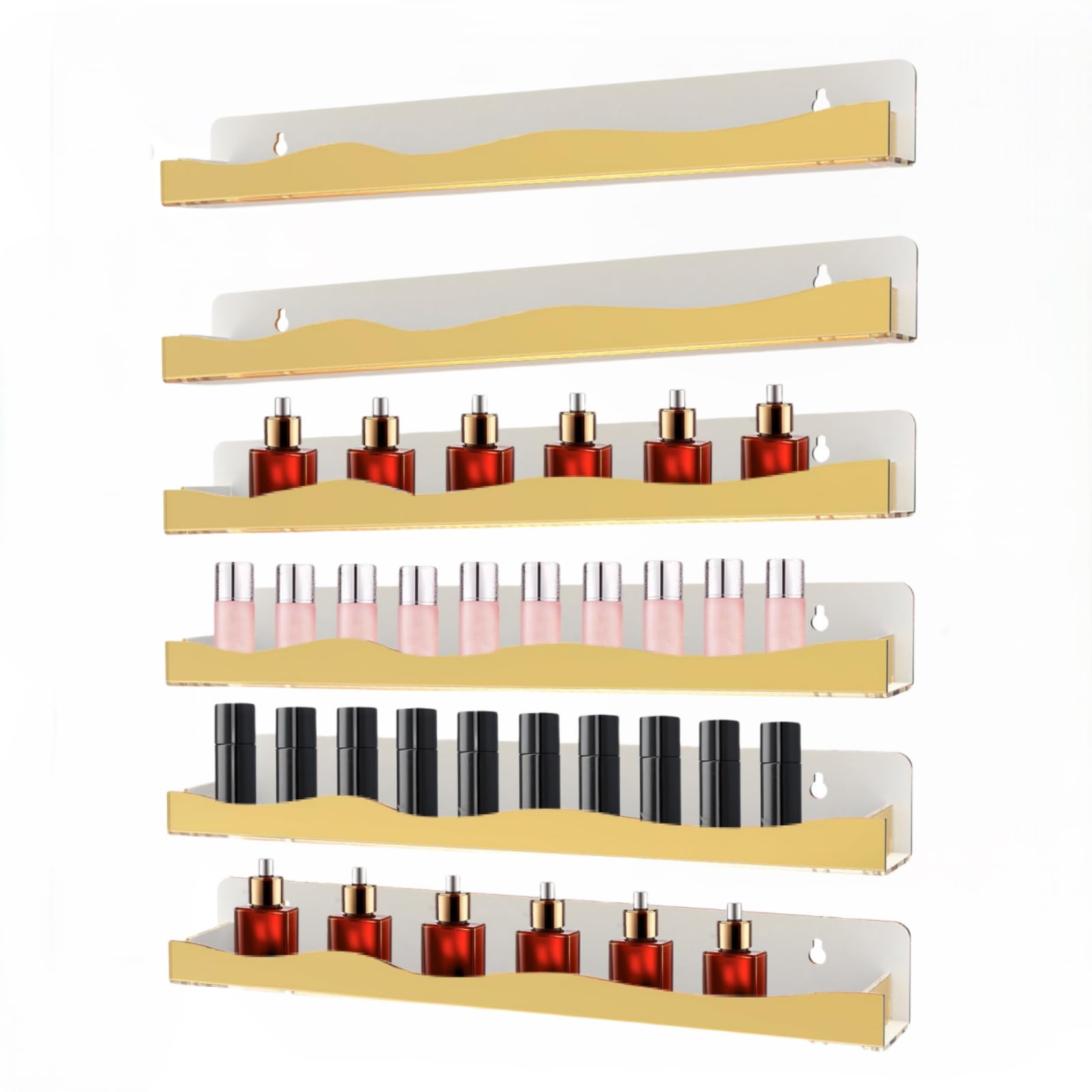 Estantería de pared para esmalte de uñas, 6 estantes colgantes de oro de estante de esmalte de uñas, 38 cm de longitud, acrílico, organizador de exhibición de uñas para 66-90 botellas