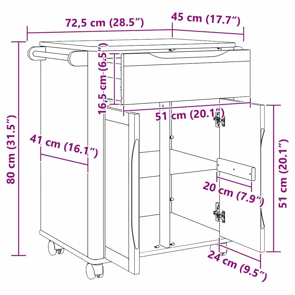 Küchentrolley Floro Weiß Massivholz Kiefer 72,5 x 45 x 80 cm mit Rollen und Schubladen, mobiler Küchenwagen für Aufbewahrung, Ablage und Organisation in Küche und Esszimmer