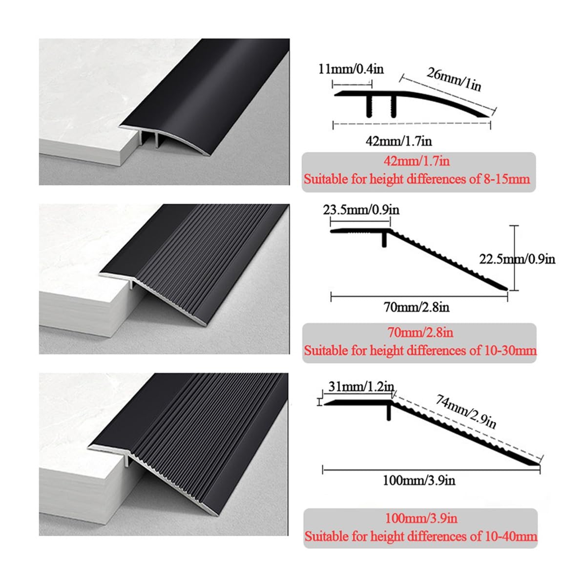 Aluminiowe listwy przejściowe do podłóg, 90 cm rampy progowe do bezszwowych przejść podłogowych, szczeliny wysokości mostu od 8 mm do 40 mm, idealne do przycinania dywanów do płytek i krawędzi