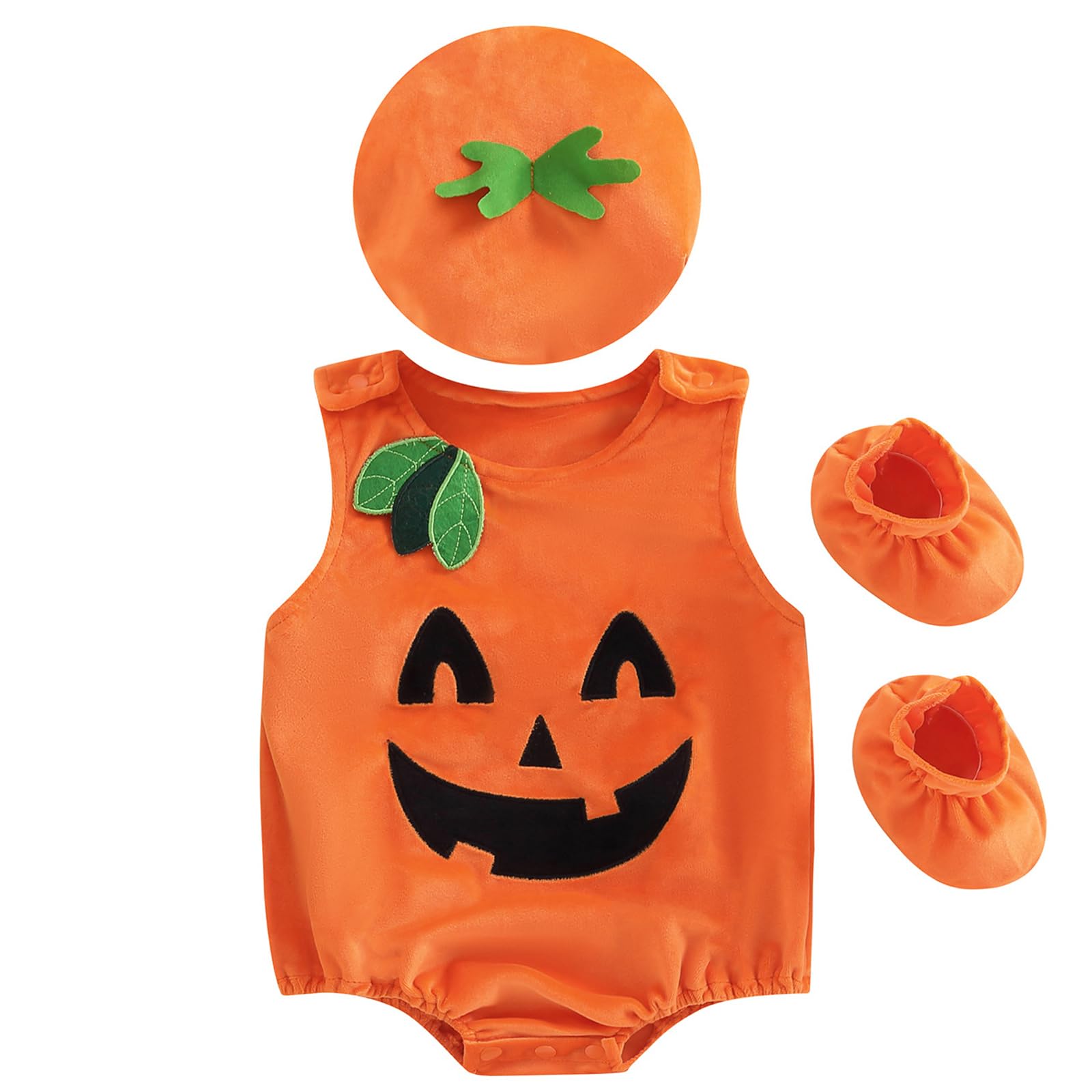 Hifot 3 Pezzi Vestito Zucca Neonato,Costume Zucca Bambino Pagliaccetto con Cappello e Scarpa Costumi Halloween Bambini Ragazze Ragazzi