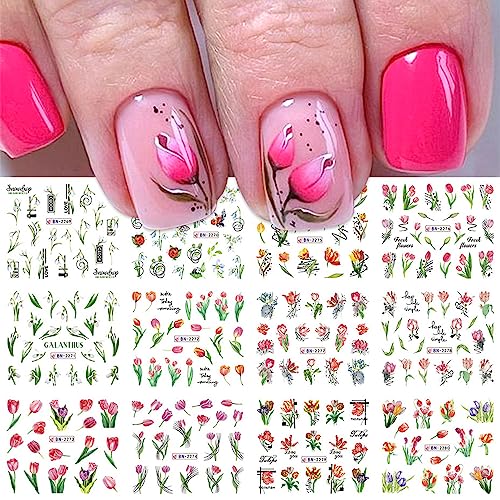 Vezocim Holographic Tulip Floral Nail Art Stickers Decals, Water Transfer Decal Designs, Flowers Nail Sticker Acrylic Supplies for Women Girls Manicure Tips Decorations (BN2269-2280)