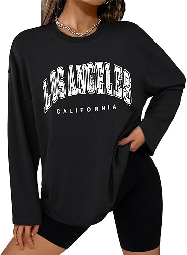 Trendy Queen Womens Graphic Tees Oversized Casual Tops Long Sleeve Loose Fit T Shirts Going Out Cute Spring Tops - (color: Los Angeles Black, size: Medium)