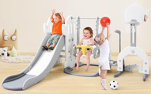 GarveeLife Juego de tobogán y columpio para interiores 7 en 1, juego de escalador independiente para niños con columpio ajustable, aro de