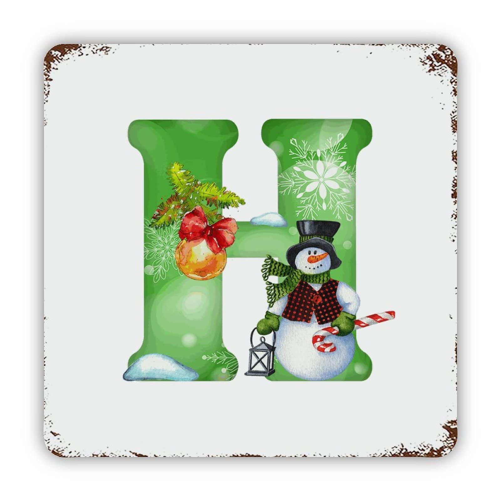 ENEDNATE Farmhouse Rustic Aluminum Sign Christmas Snowman Monogram Initial Letter H Metal Sign Retro Aluminum Tin Sign for Kitchen Bedroom Living Room Wall Art Door Hanger Home Decor Sign 12x12 Inch