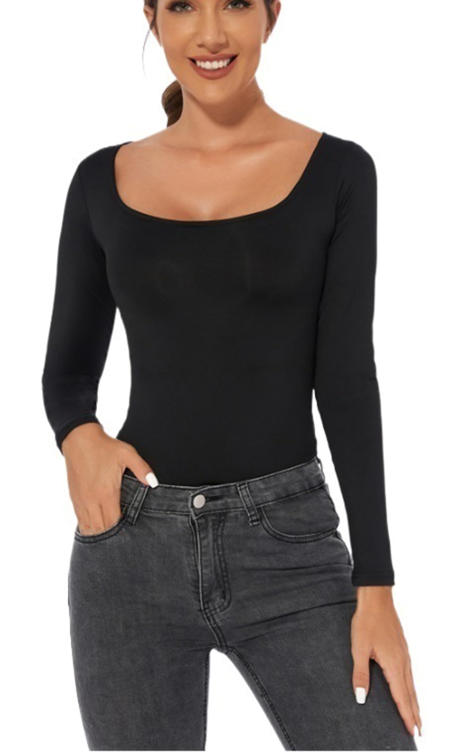 LYGBAOFUL Damen-Body mit quadratischem Ausschnitt und Langen Ärmeln, Basic, schmale Passform, leichtes Oberteil, sexy Body, Anzü, Hemd für Herbst und Winter