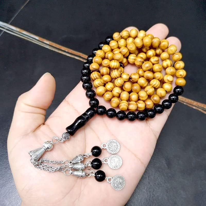 Miniatura 2 de ALBASHAN Tasbih - Madera de haya natural con ónice 99100 cuentas misbaha musulmanas de oración de Ramadán Eid regalo