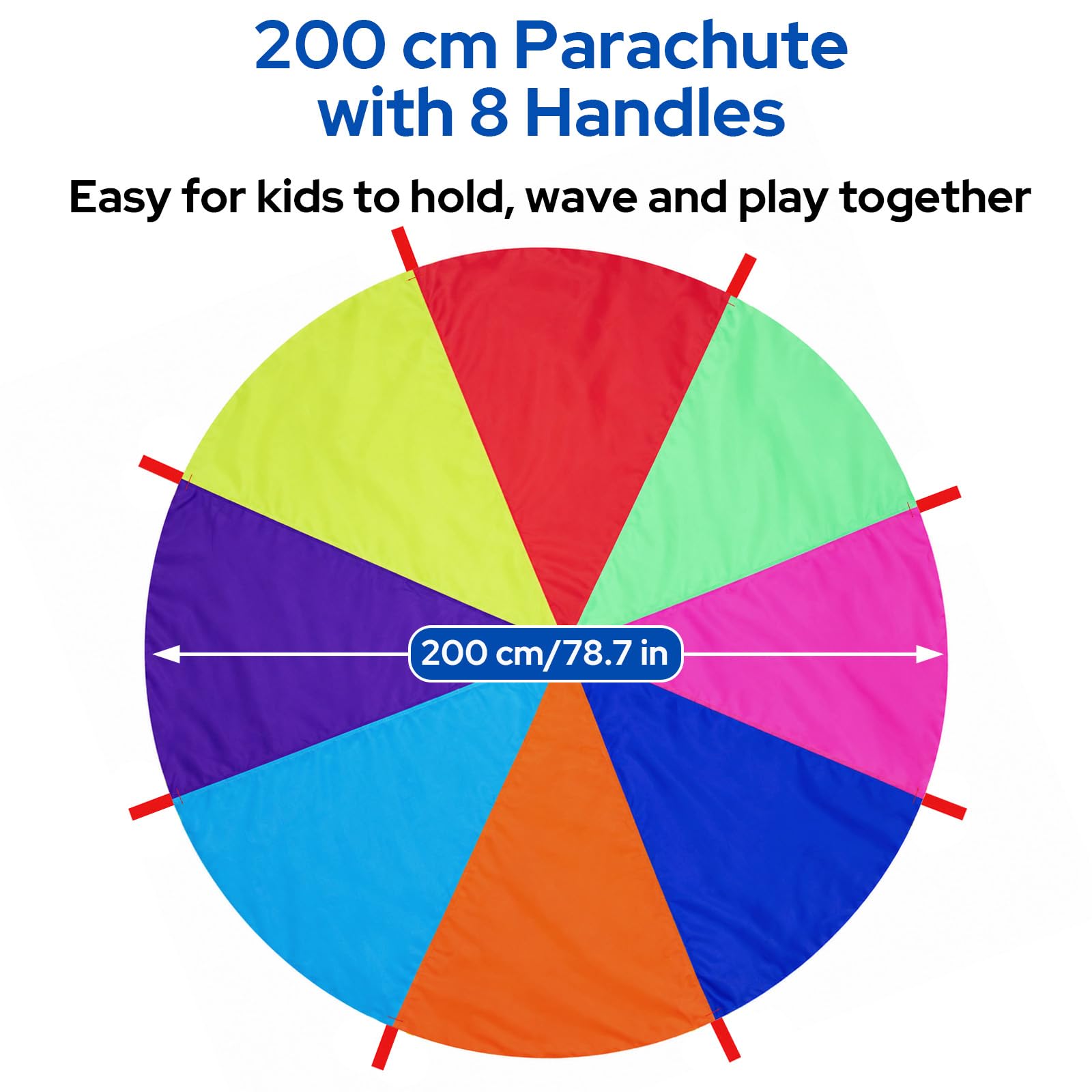 Kolorowa chusta zamachowa, 2 m, tęczowa chusta spadochronowa z 8 uchwytami | 13,1 FT Parachute chusta do zabawy w przedszkolu, gimnastyce dziecięcej i zabawach grupowych wewnątrz i na zewnątrz