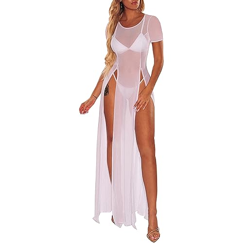 FairBeauty Women's Sexy Mesh Sheer Swimsuit Cover Ups Long Beach See Through Dress