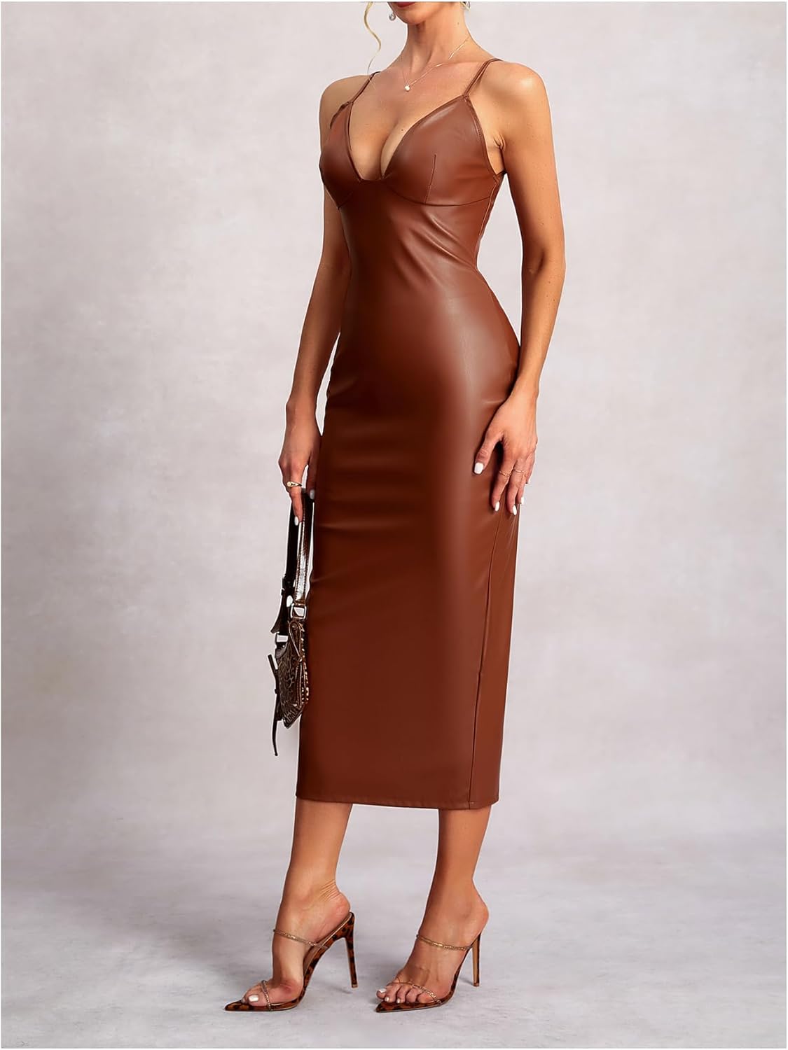 Women's Deep V Neck Leather Dress Sleeveless Tie Backless Split Hem Party Club Midi Dresses - Image 3