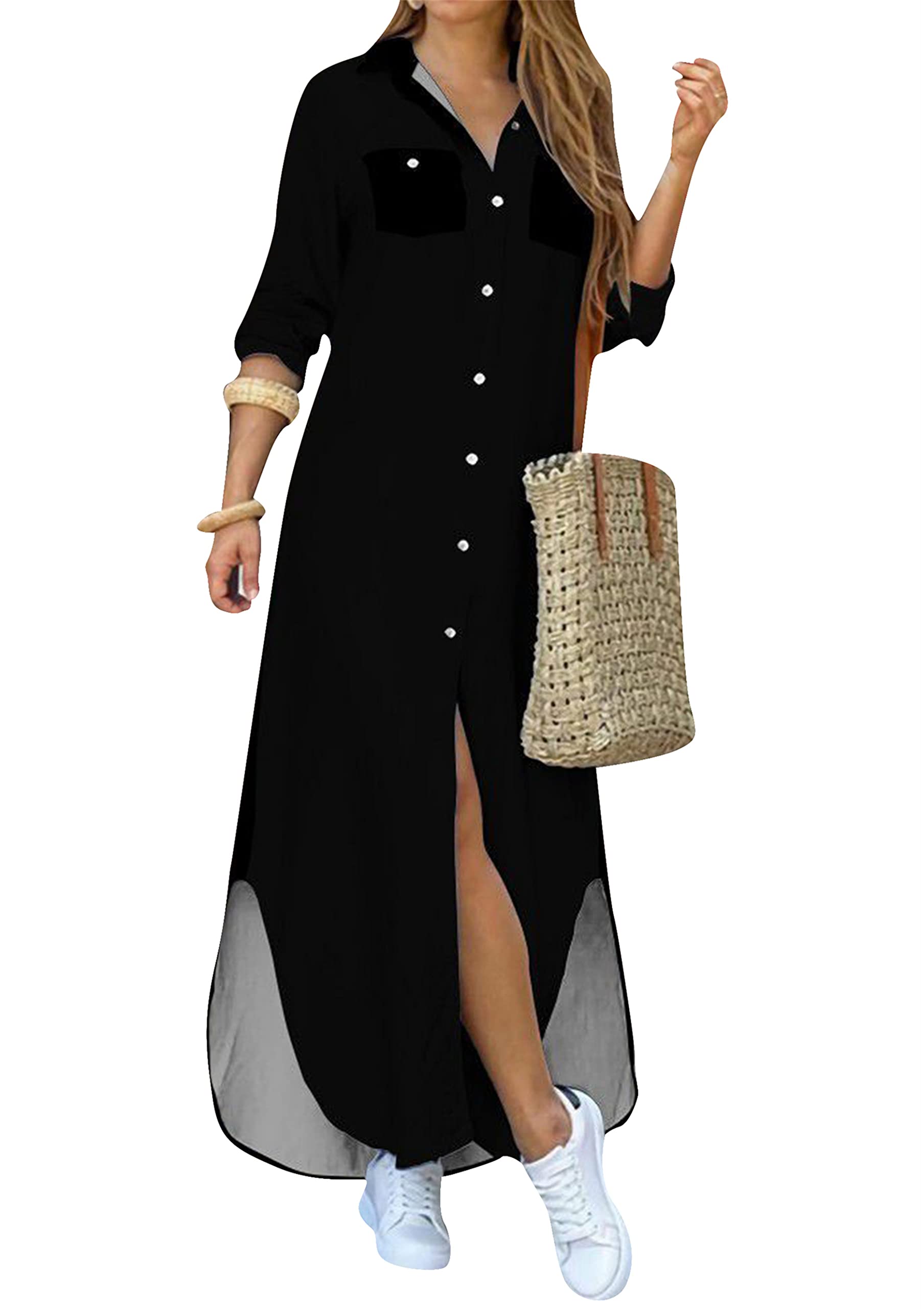 DIACACY Women's Casual Lapel Collar Floral Print Maxi Dresses Side Slit Long Sleeves Loose Slim Shirt Dresses