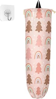 Washable Grocery Bags Organizer Kitchen Essentials Storage Keeper Dispenser Pull Rope Free Adjustment Gifts for Women Mom Grandma, Pink Brown Rainbow Christmas Tree, 2 Pack