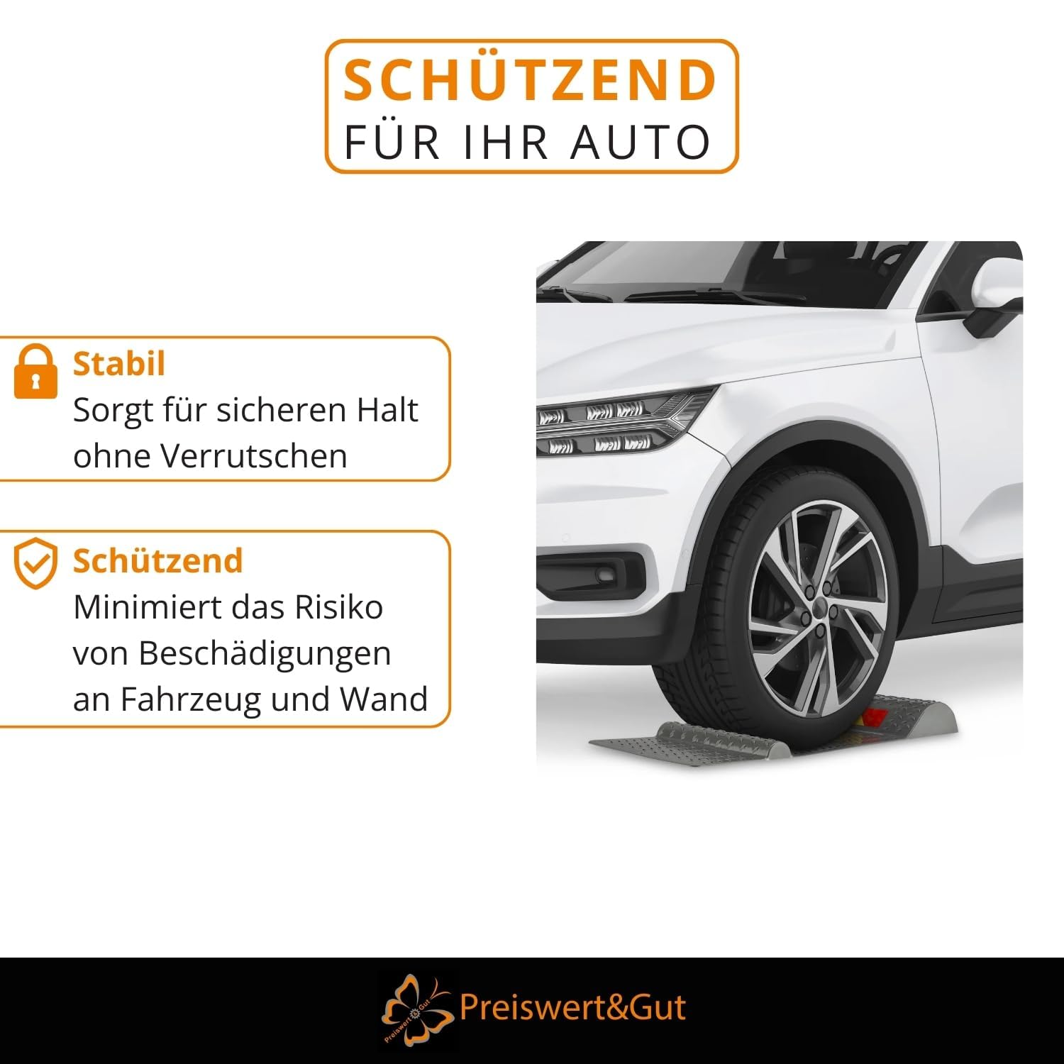 Preiswert&Gut 2X Einparkhilfe Garage Radstopper für sicheres Einparken 52 x 25 cm, Kunststoff Bremsschwelle mit Klebestreifen und zusätzlich Bohren, seitliche Einfahrhilfe, 2,5 bis 5,5 cm Höhe