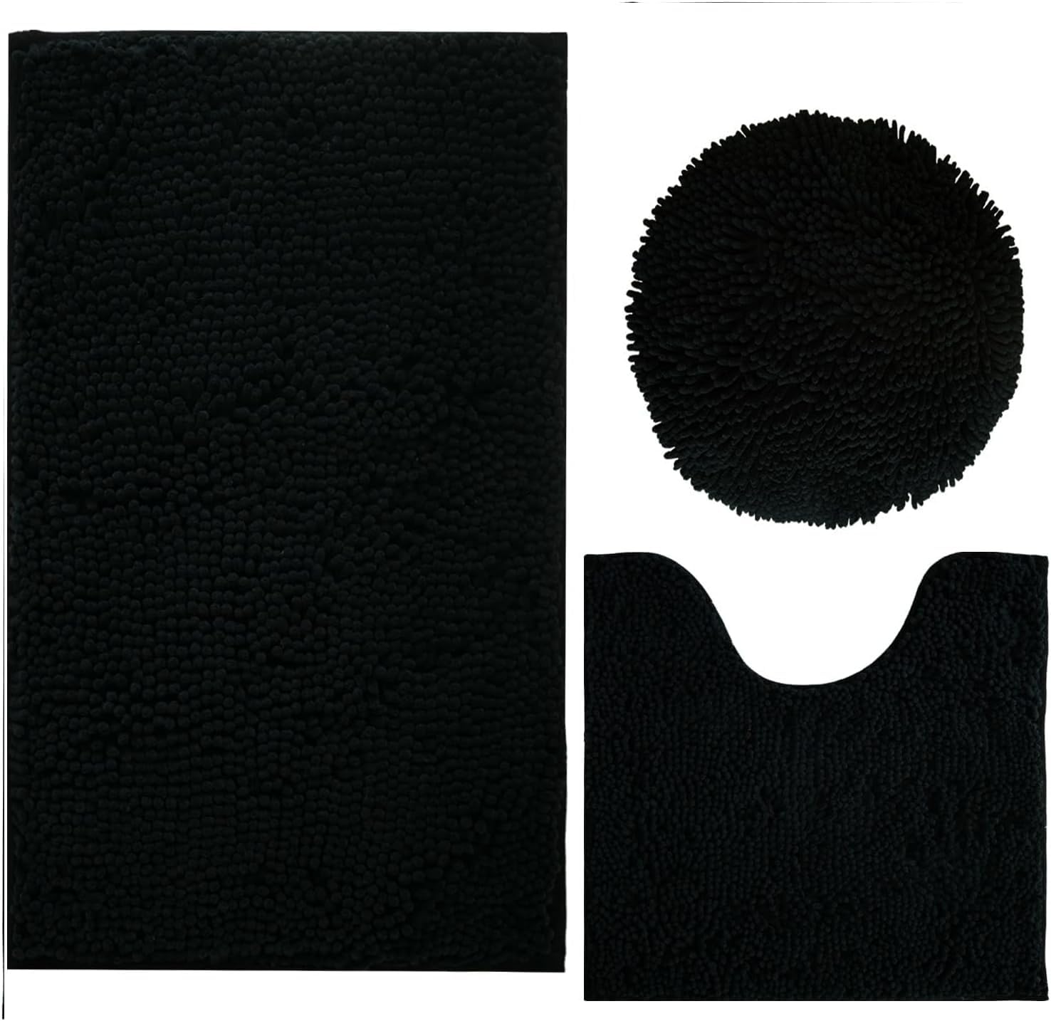 Bathroom Rugs Sets 3 Piece Ultra Soft Chenille Bath Mat, Non-Slip and Super Absorbent Bathroom Rug, Strong PVC Underside, Machine Washable Bath Mat for Toilet, Black
