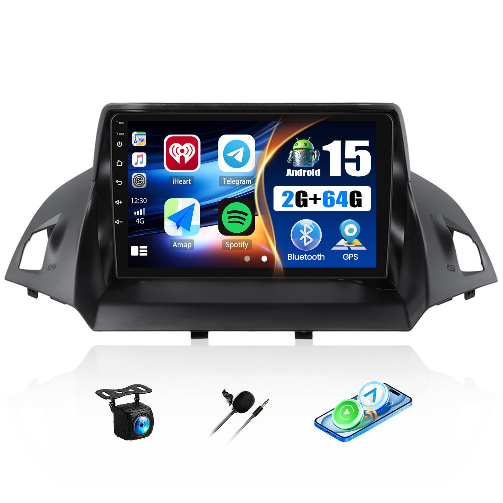 CAMECHO [2+64G] Android 15 Carplay Autoradio pour Ford Kuga/Escape/C-Max(2013-2019), Nav sans Fil Carplay Android Auto, 9" Écran Tactile Radio WiFi Bluetooth Lien Miroir FM/RDS +Caméra de Recul