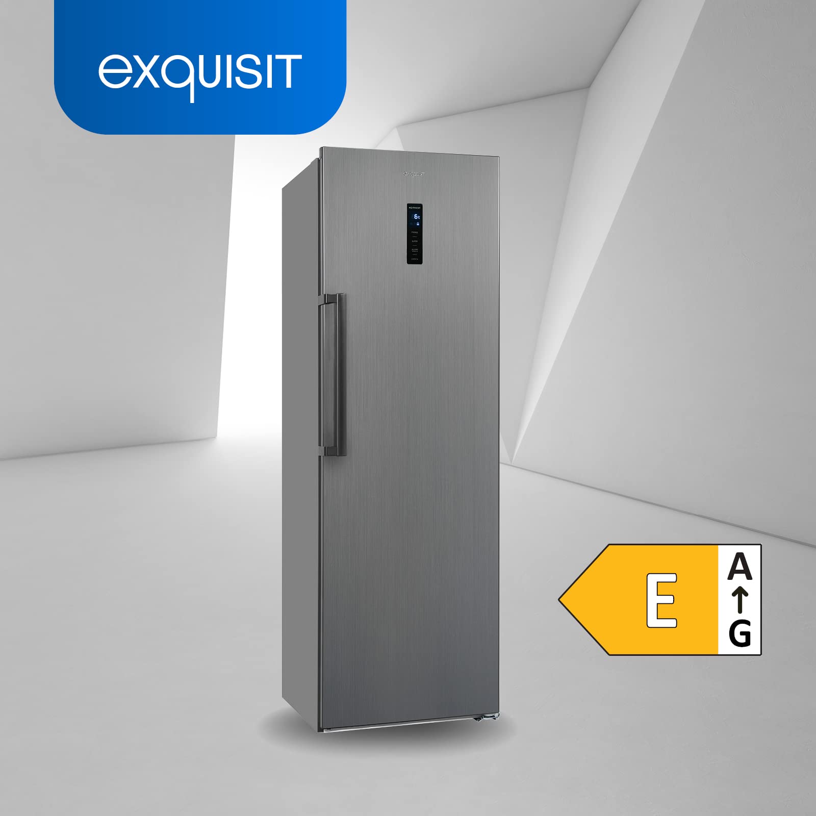 Exquisit® Frigorífico Vertical, 359L, Clase E, Material Acero Inox Antracita, 1 Puerta, Tecnologia No-Frost, 2 Cajones Verduleros, Estantes de Cristal, Consumo 118 kWh/año, Medidas 185,5x60x66 Cm.