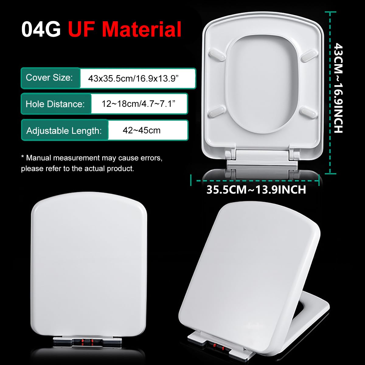 Asiento de inodoro cuadrado de cierre suave, color blanco, tapa de inodoro de baño 04E con fijación superior ajustable, bisagras de acero inoxidable, fácil montaje y limpieza (04G)