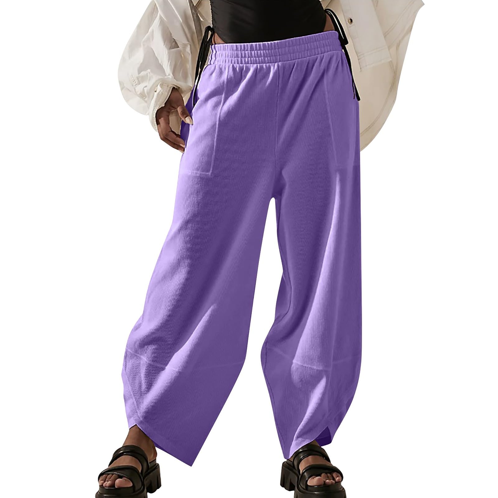 GenericWomen Fashion Solid Color Cotton Flax Elastic Long Pants Beach Leisure Trousers Loose Pants Plus Size