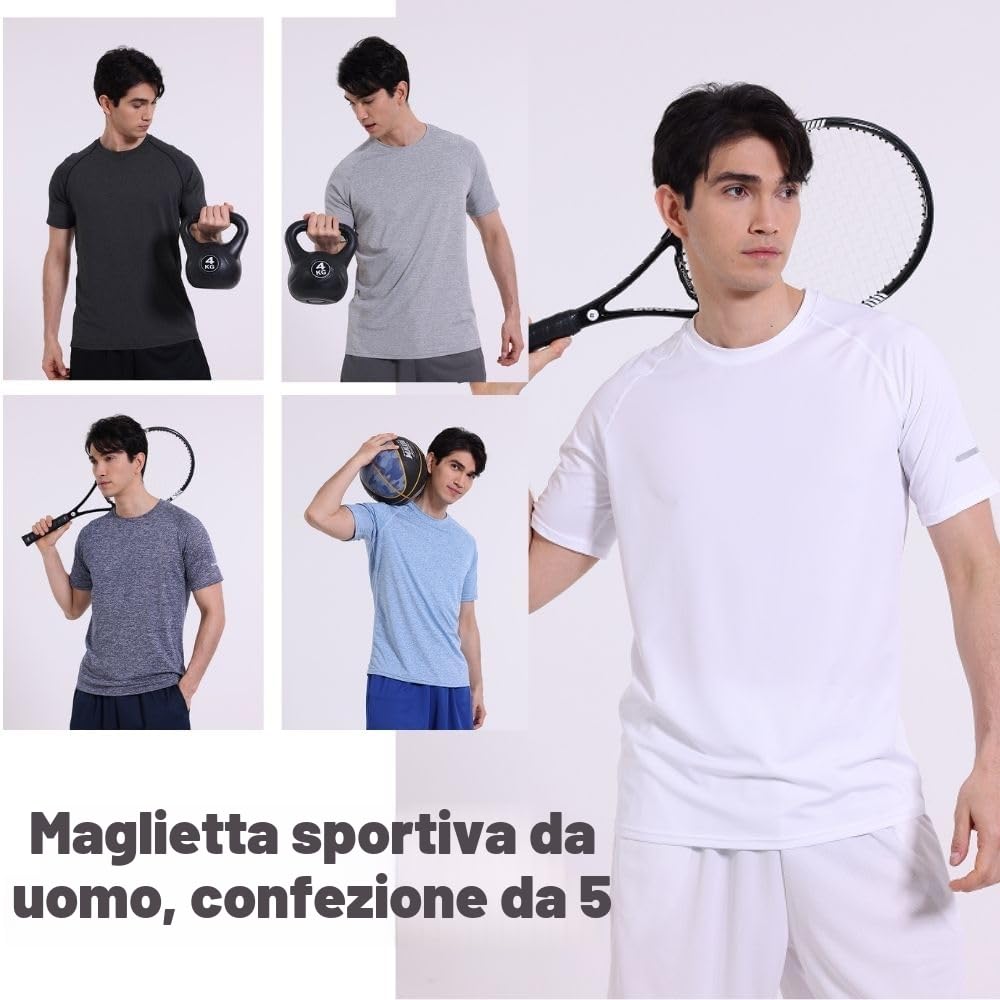 Confezione da 5 magliette sportive da uomo a girocollo, traspiranti e a maniche corte, per palestra, allenamenti, corsa