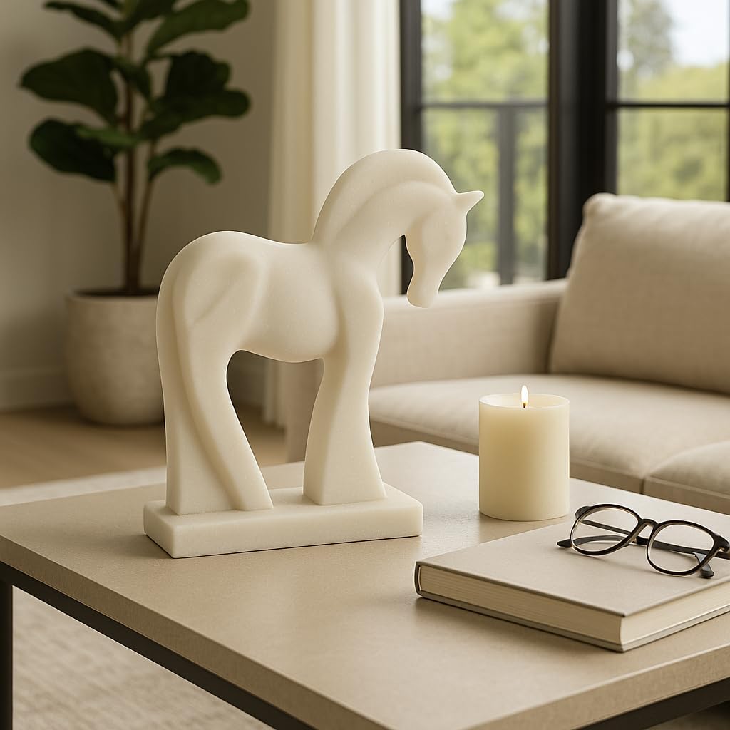 Elegant Quartz Horse Sculpture Ornaments - Stylish Statue for Room, Living Room, Bathroom, or Office Decor - Perfect Ornamental Home Decor Accent for Shelf and Coffee Table Decor - 13", White