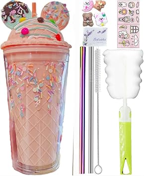 Chocolate Unicorn Travel Tumblers with Straws Ice Cream Bunny Drinkiware Water Bottle Kid Cookie Ear Coffee Mug Reusable Plastic Cup Birthday Gift Cookie Ear pink w, 450 ml