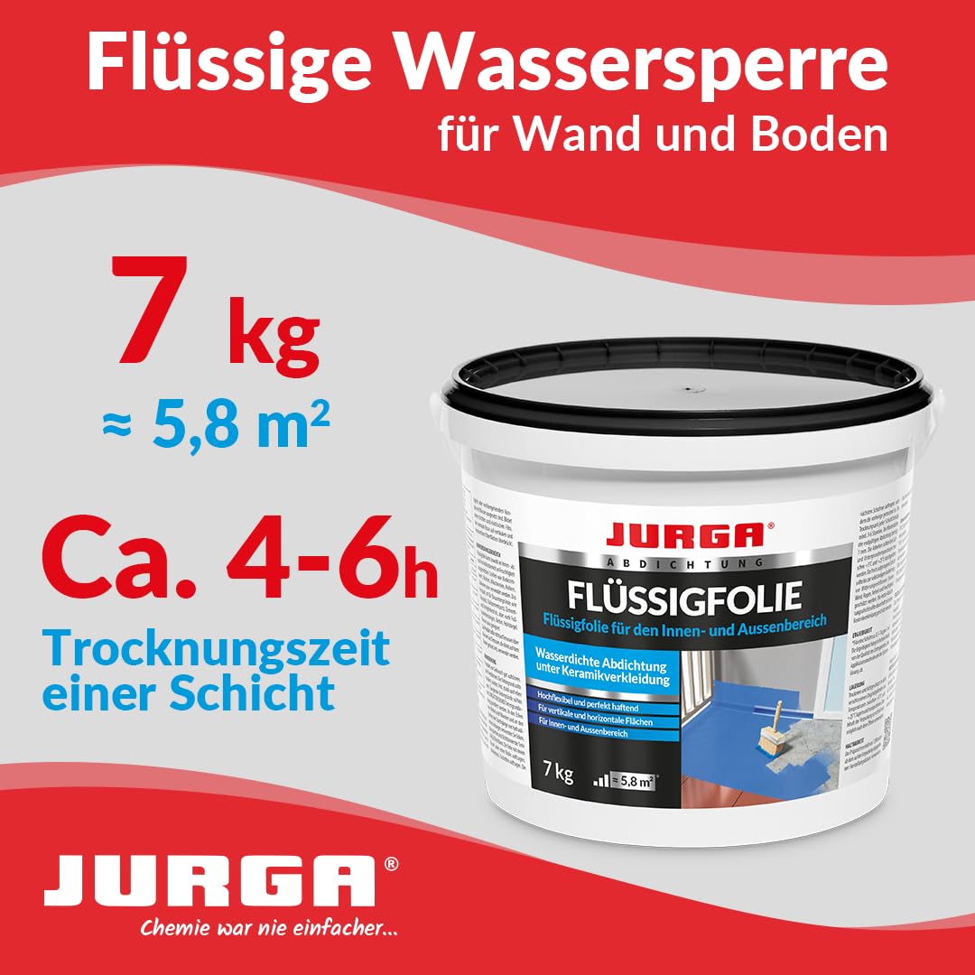 JURGA Flüssigfolie Blau 7KG ≈5,8m² für Bad & Dusche - Dichtfolie für Außenbereich & Innen, Abdichtung Badezimmer, Lösemittelfrei