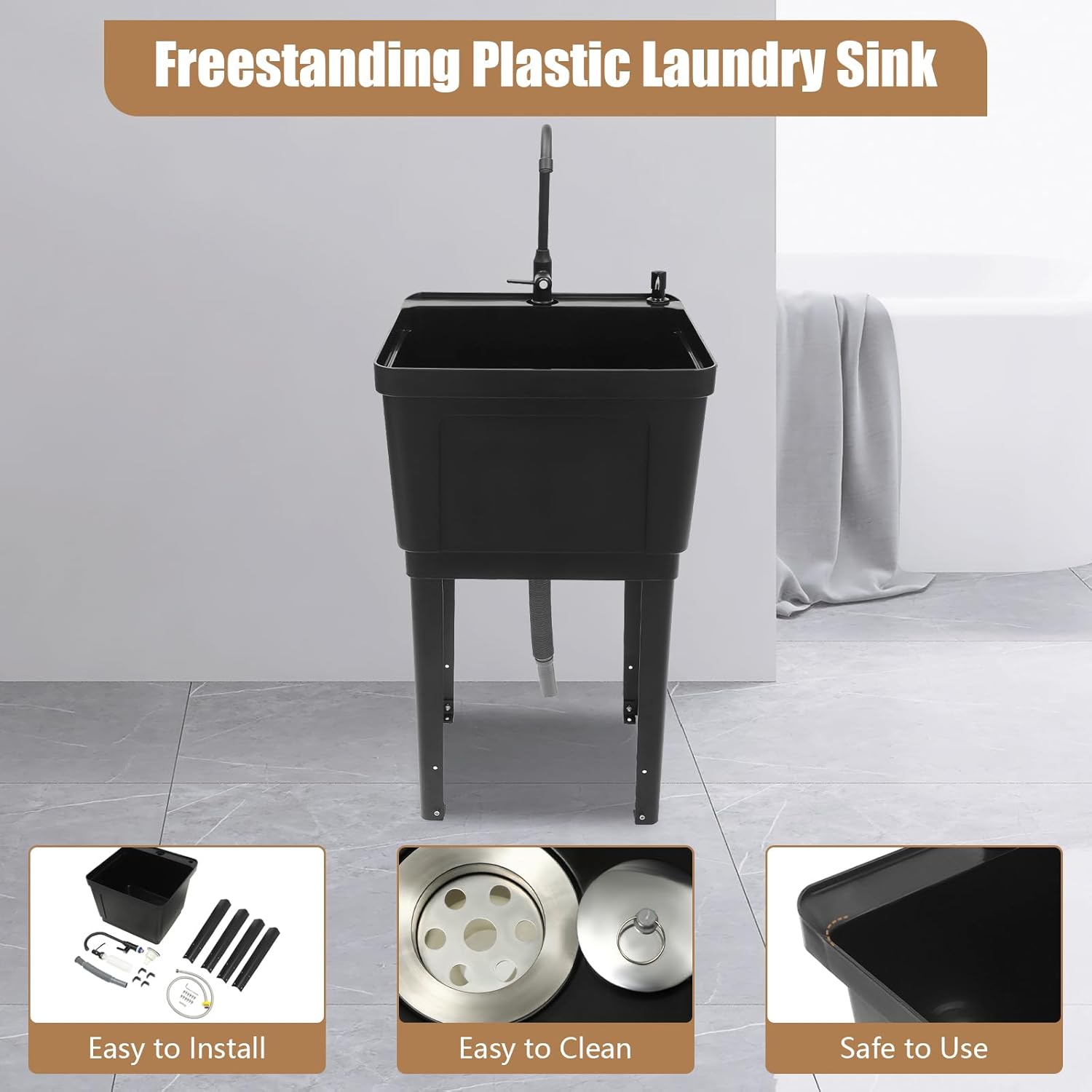 Freestanding Utility Sink, Utility Sink Extra-Deep Laundry Tub, Freestanding Plastic Utility Sink Laundry Tub Sink for Basement, Laundry Room, Garage or Shop (Black)
