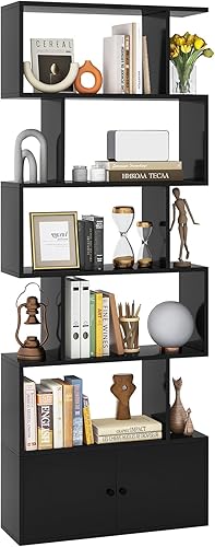 Miniatura 11 de Tangkula Estantería en forma de S con gabinete, estantería de 6 niveles con puertas, estanterías geométricas independientes para sala de estar,